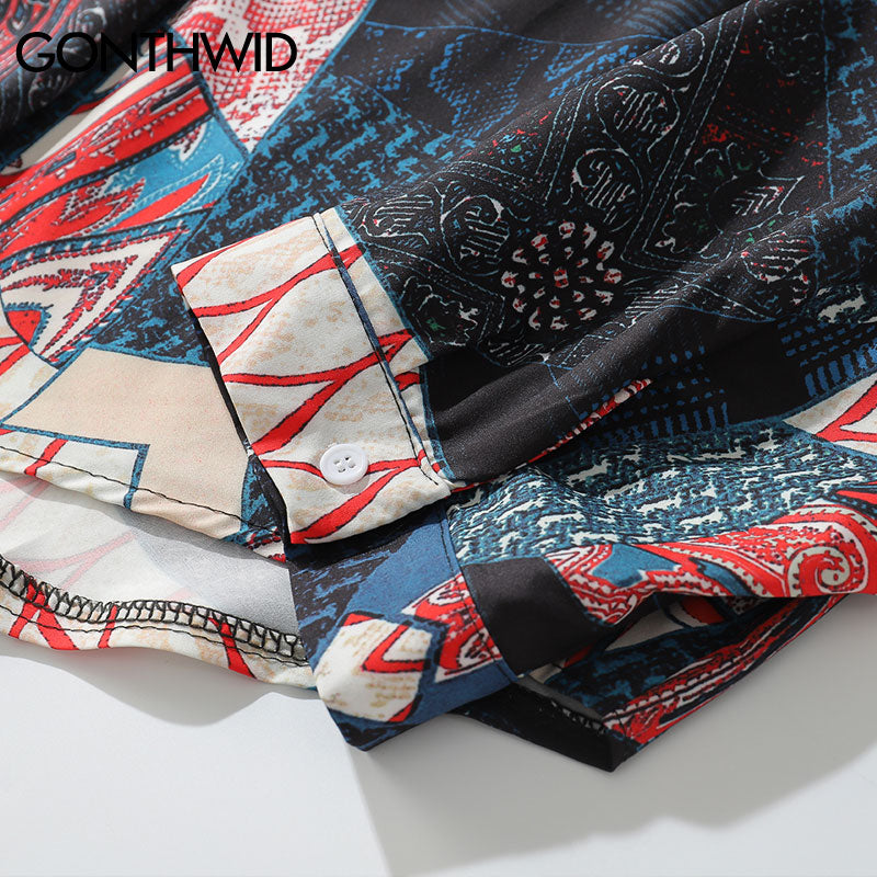 Japanese Ukiyo E Geometry Pattern Casual Streetwear Men Shirt