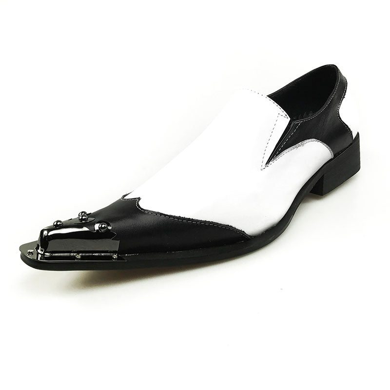 Black Metal Pointed Toe Classic Black and White Genuine Leather Patchwork Men Loafer Shoes - FanFreakz