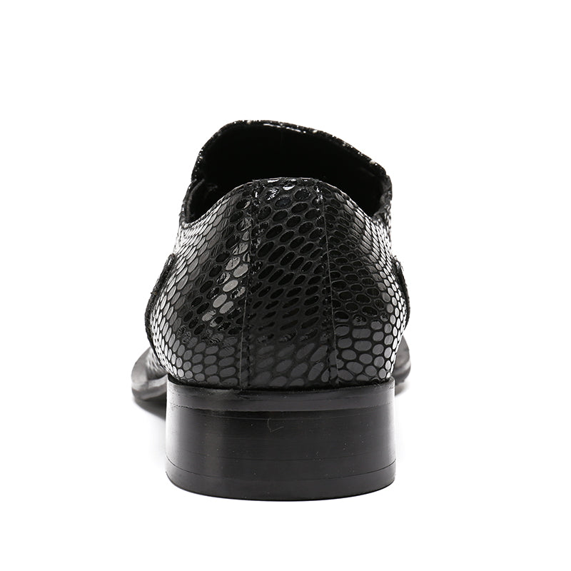 Luxury Pointed Toe Metal and Snake Pattern Patchwork Men Dress Shoes - FanFreakz