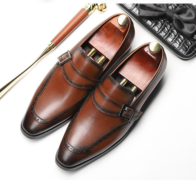 Pointed Toe with Buckle Strap Formal Business Style Men Leather Shoes