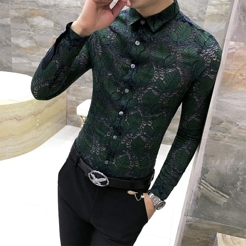 Petal Leaves Stylish Lace Long Sleeve Design Men Shirt