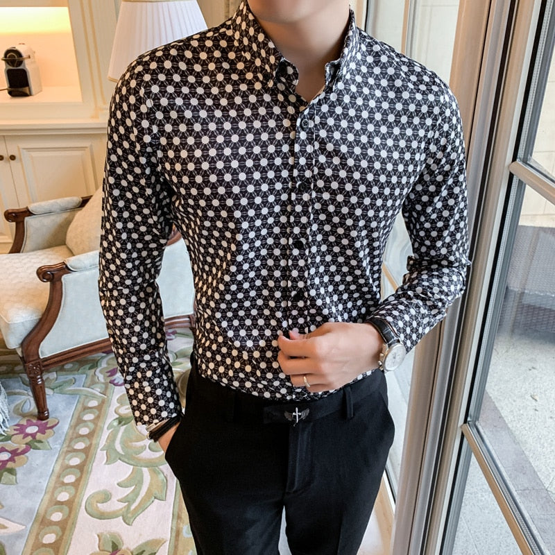 Long Sleeve Polka Dot Slim Fit Casual Men Shirts