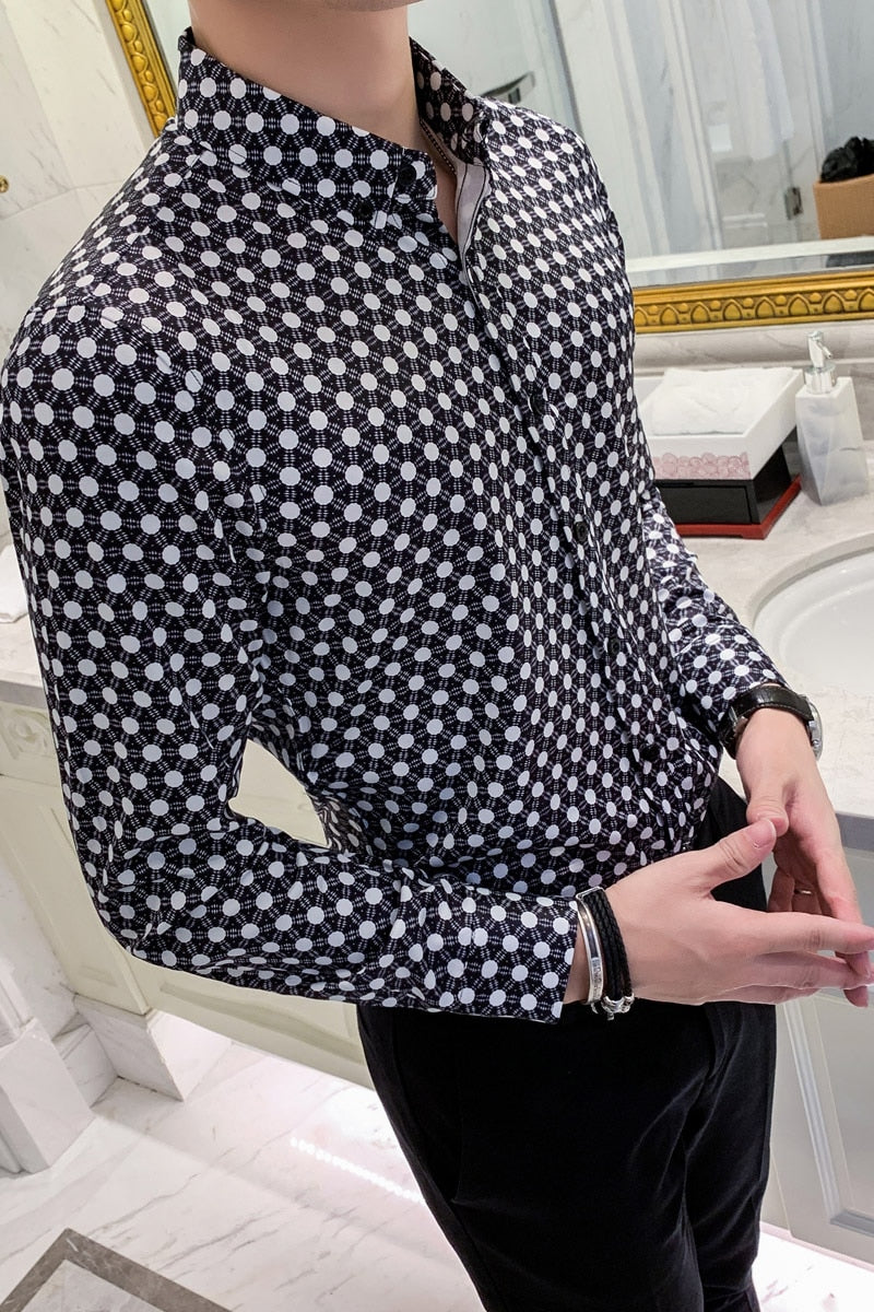Long Sleeve Polka Dot Slim Fit Casual Men Shirts