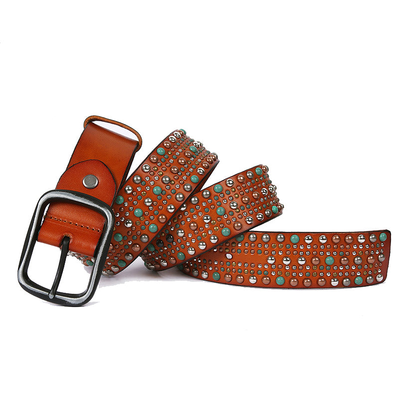 Geometric Pattern Beads Stitch Men Leather Belt