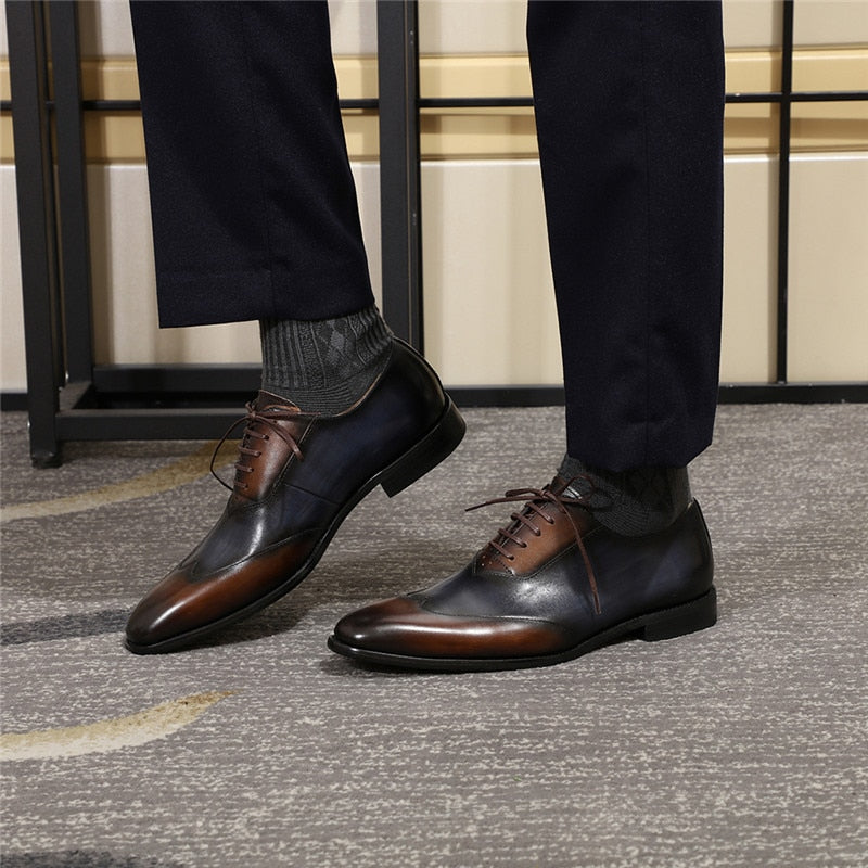 Brown Blue Genuine Leather Formal Style Men Oxfords Shoes