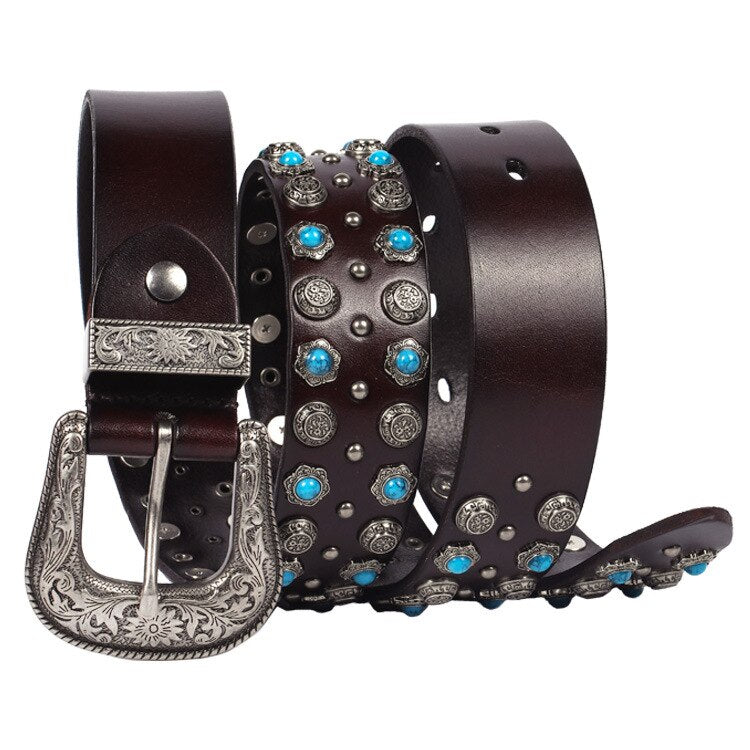 Turquoise Stone Decoration Genuine Leather Belt