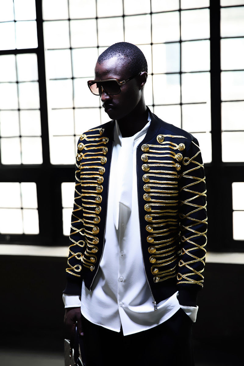 Gold Buckle String Front and Sleeves Detail with Zipper Men Jacket