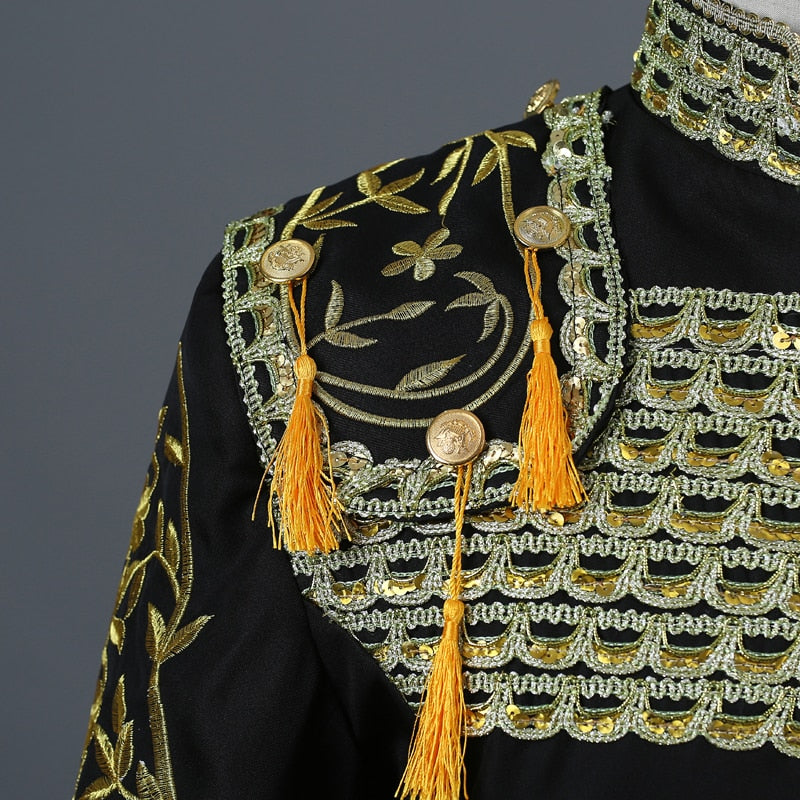 Gold Embroidery Tassel Sequin Black Stage Set Costume Men Blazer