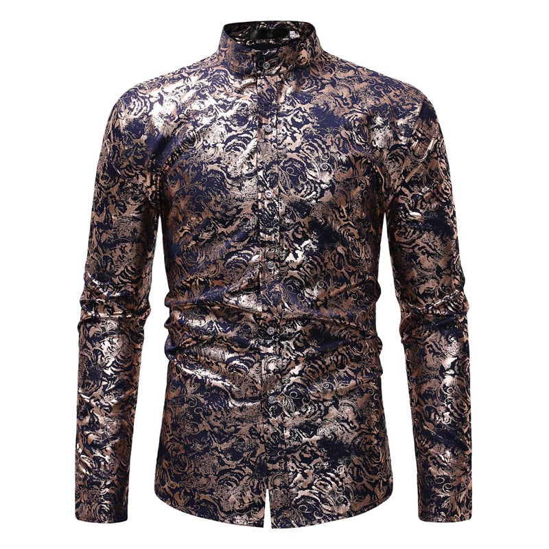 Gold Floral Bronzing Long Sleeve Men Shirt