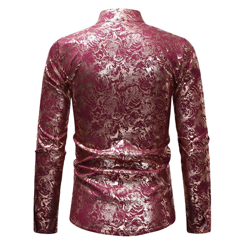 Gold Floral Bronzing Long Sleeve Men Shirt