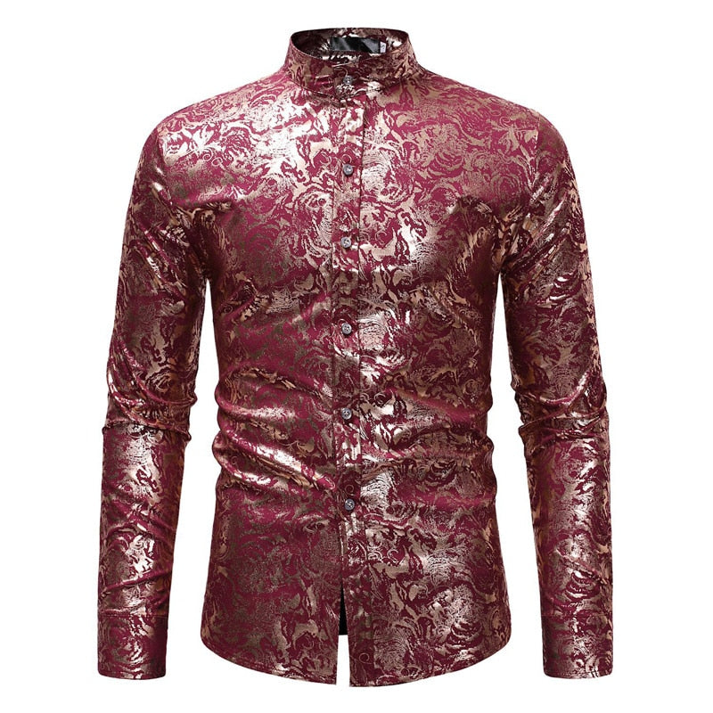 Gold Floral Bronzing Long Sleeve Men Shirt
