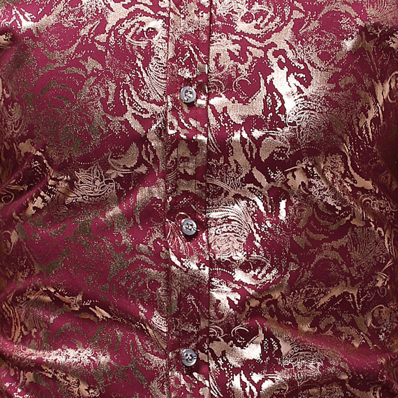 Gold Floral Bronzing Long Sleeve Men Shirt