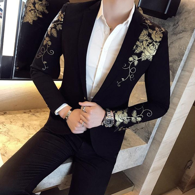 Gold Flower Print in Black One Button Slim Suit Style Men Blazer