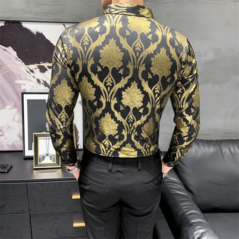 Gold Flower Shiny Printed Long Sleeve Shirt