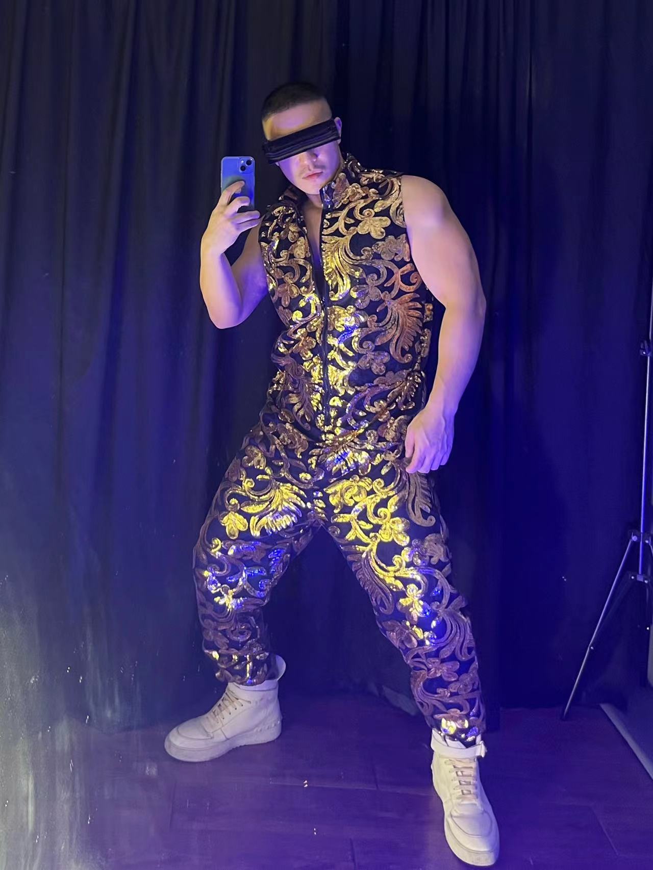 Gold Sequin Vintage Embroidery Sleeveless Jumpsuit