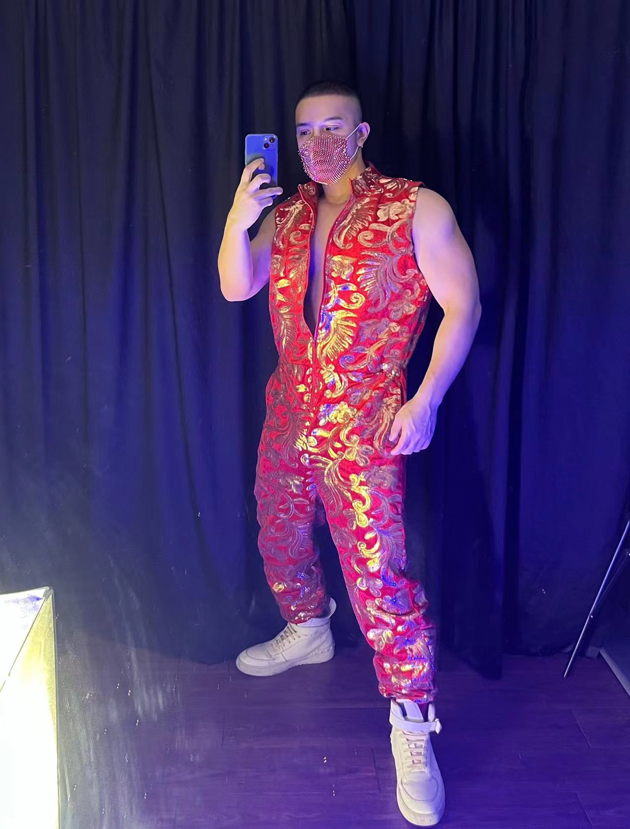 Gold Sequin Vintage Embroidery Sleeveless Jumpsuit