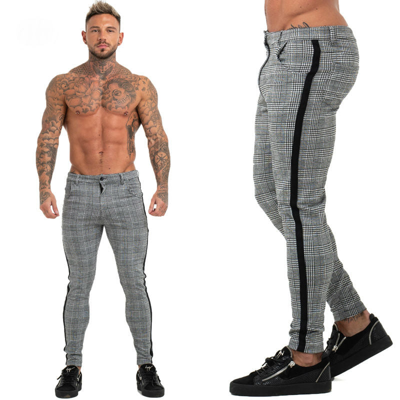 Cotton Grey Plaid with Side Stripe Slim Fit Style Men Trouser