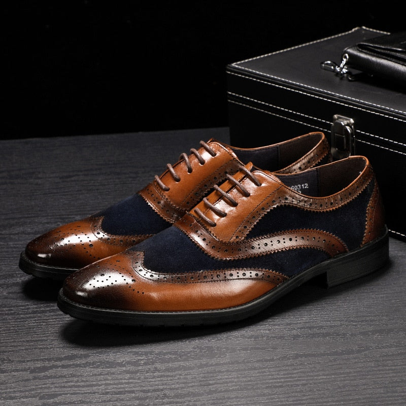 Pointed Toe Suede and Leather Cover Combination Men Brogue Shoes