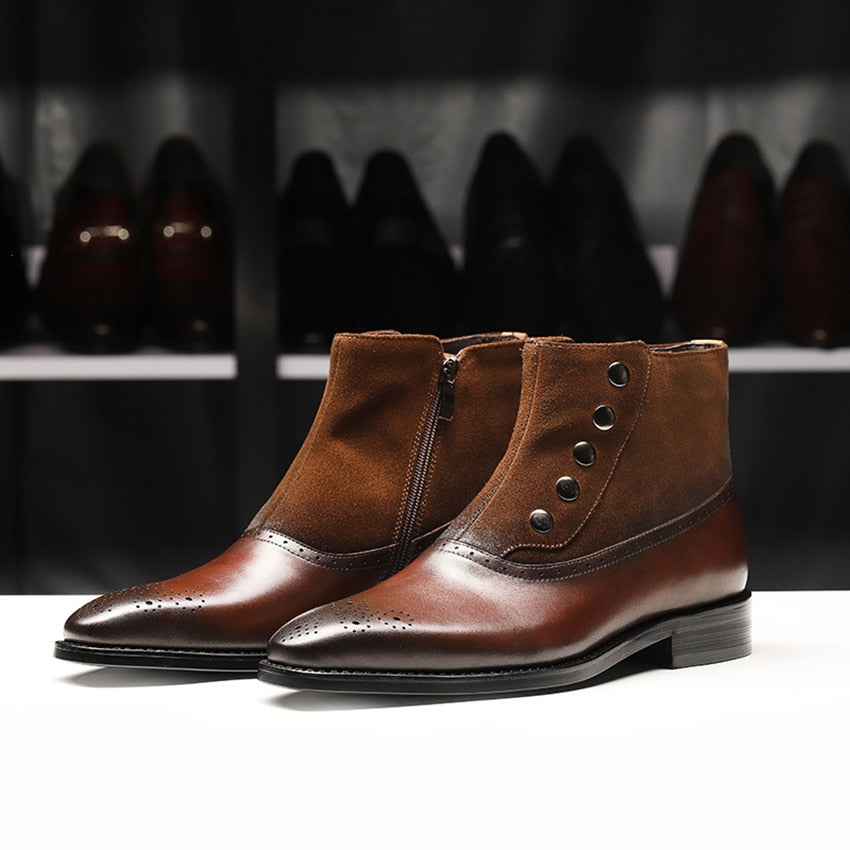 Suede Leather Combination with Zipper and Round Rivets Design Men Boots