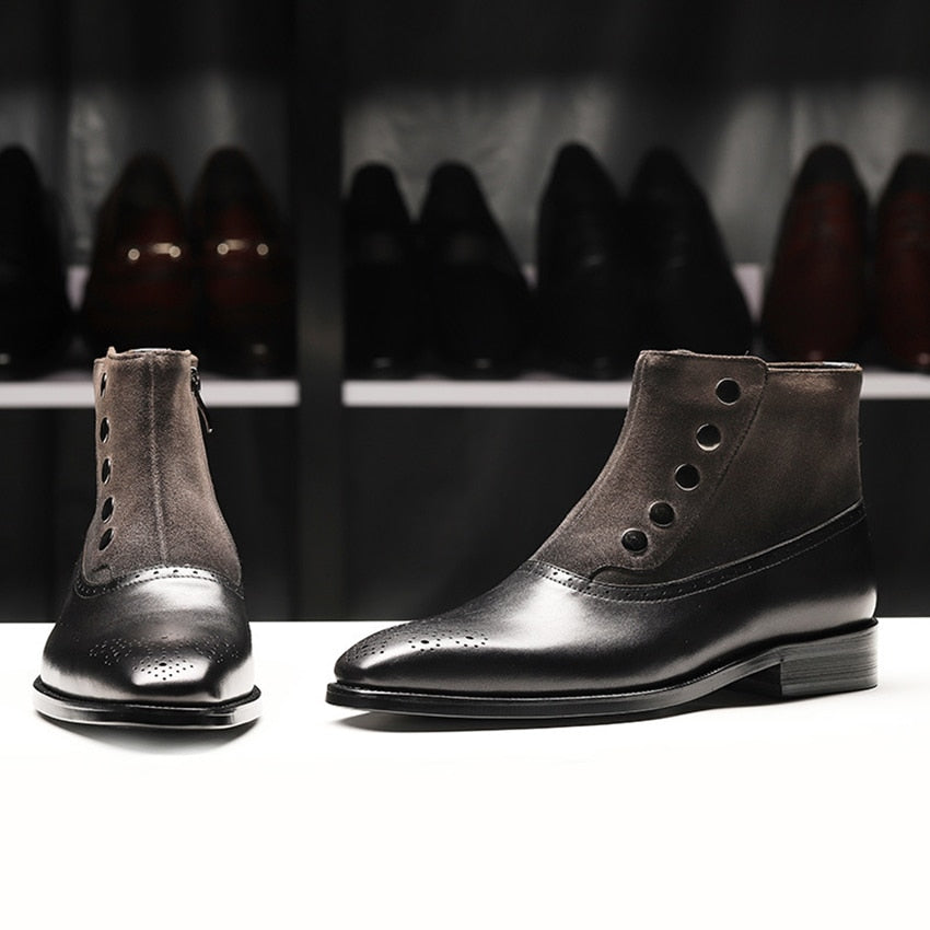 Suede Leather Combination with Zipper and Round Rivets Design Men Boots