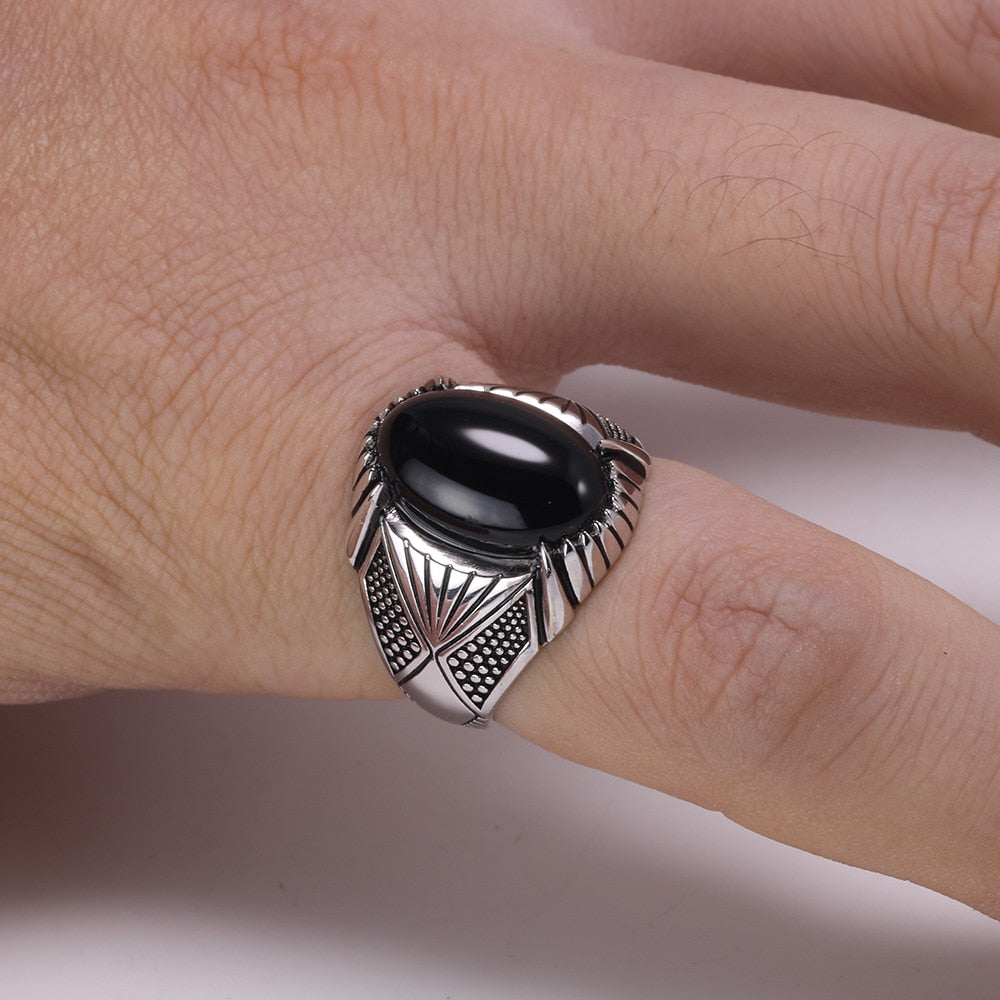 Sterling Silver Antique with Black Natural Stone Men Fashion Rings