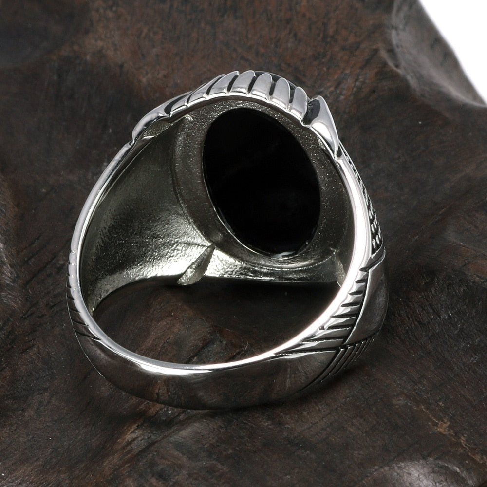 Sterling Silver Antique with Black Natural Stone Men Fashion Rings