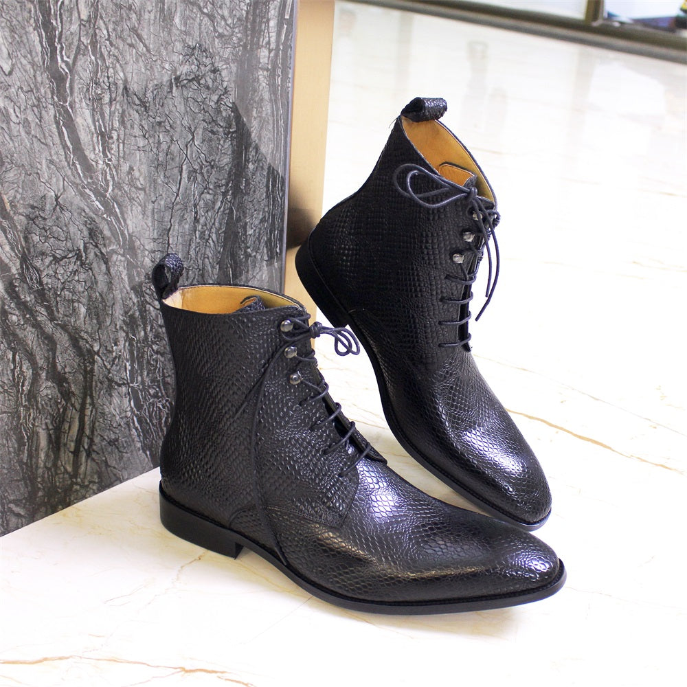 Snake Skin Pattern Leather Mid-Calf Boots