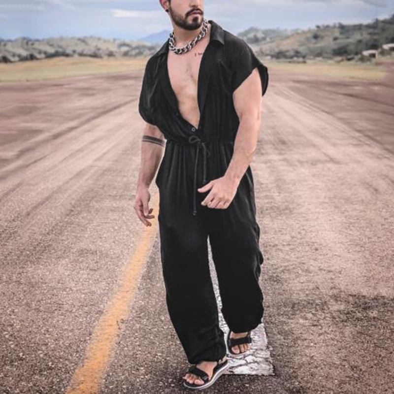 Solid Button and Drawstring Style Jumpsuit