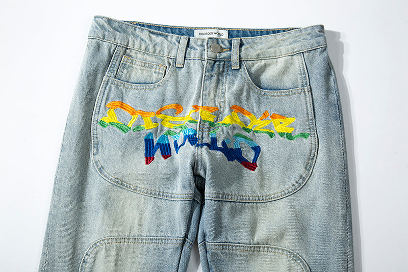Rainbow Letters Embroidery Loose Jeans