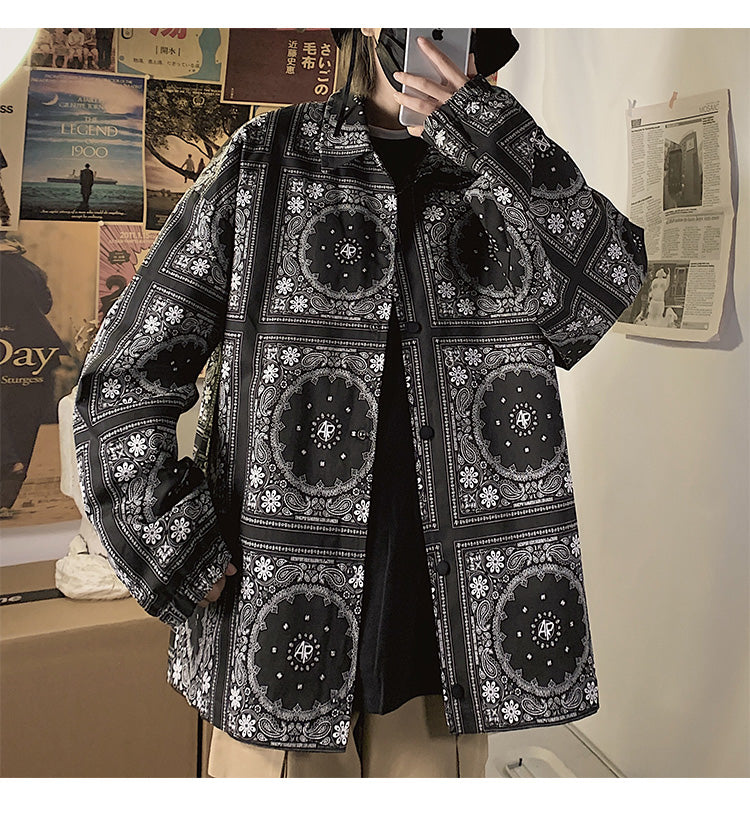 Latticed Paisley Prints Men Oversized Button Jacket