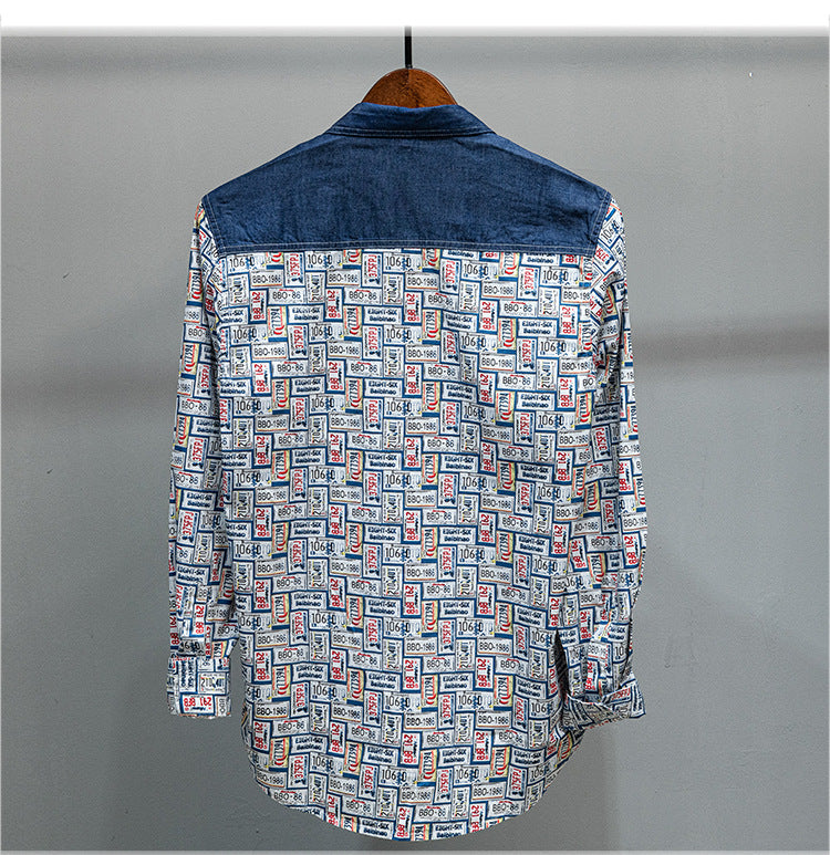 Fun Plate Numbers Denim Patchwork Shirt