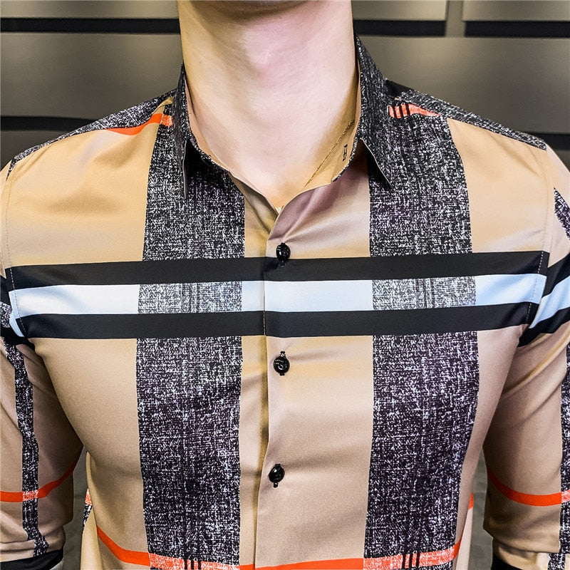 Luxury Print Long Sleeve Korean Design Casual Men Shirt