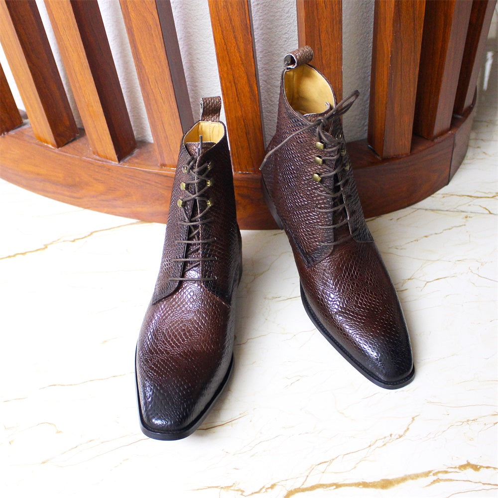 Snake Skin Pattern Leather Mid-Calf Boots