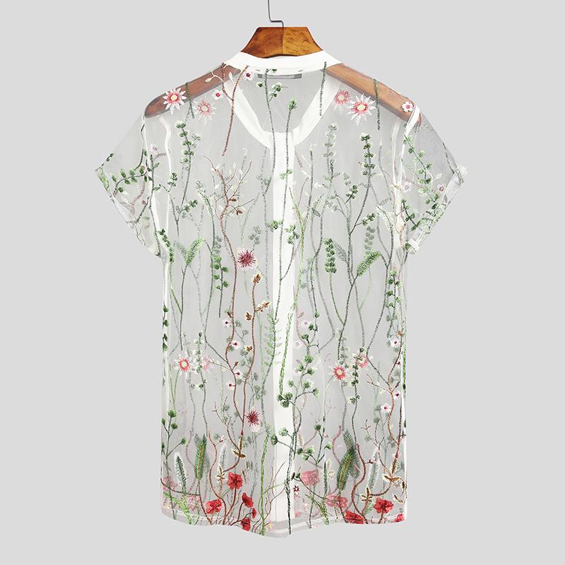 Floral Embroidery See-Through V-Neck Shirt