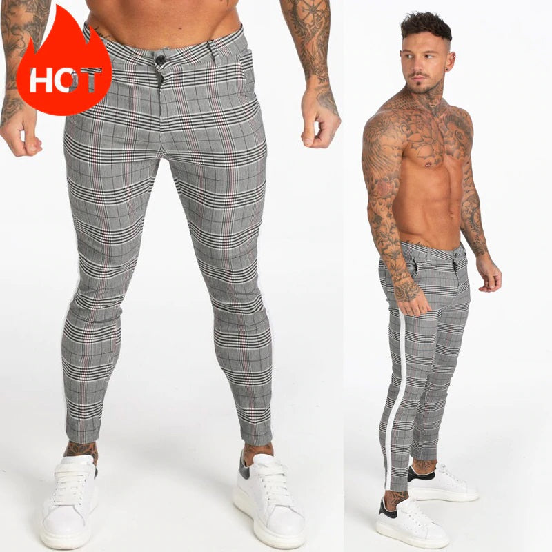 Grey Plaid Side Stripe Slim Fit Skinny Style Men Pants