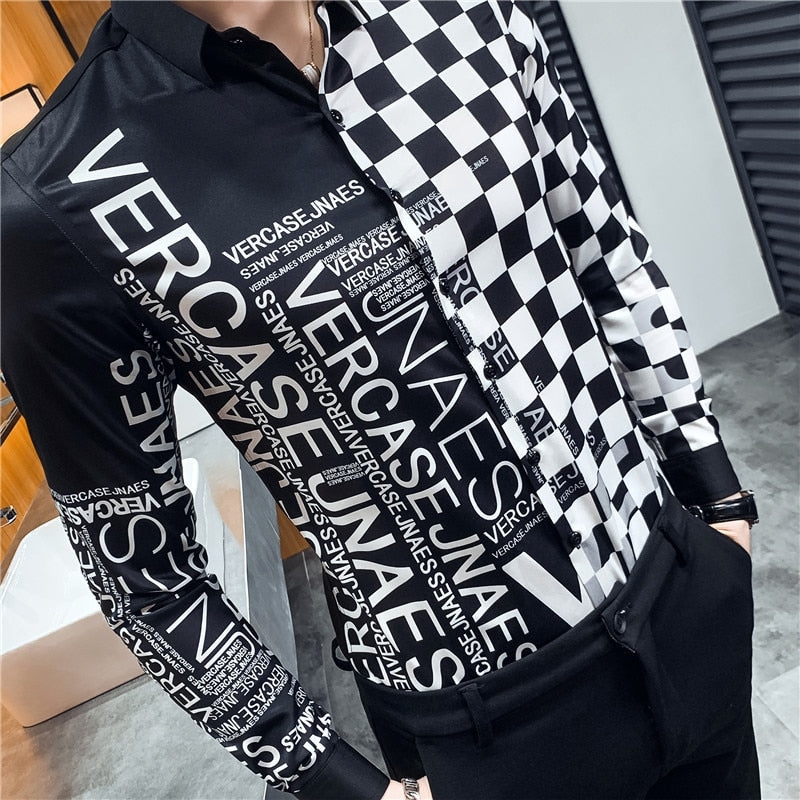 Black White Pop Print Slim Fit Long Sleeve Casual Men Shirts