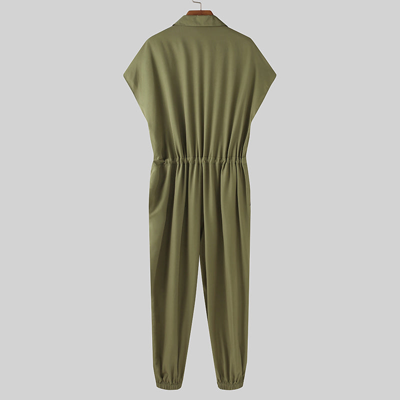 Solid Button and Drawstring Style Jumpsuit