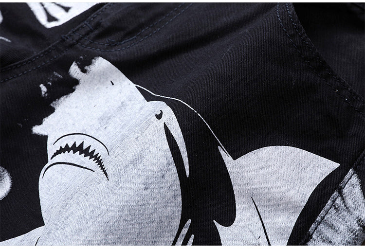 White Shark Painting Printed Black Jeans