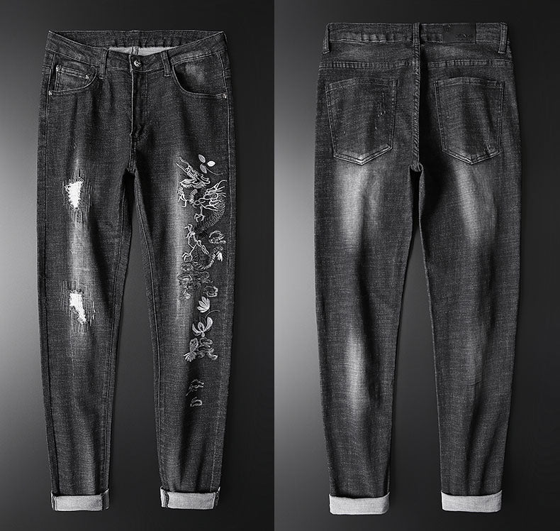 Dragon Monochrome Embroidery Men Tapered Leg Jeans