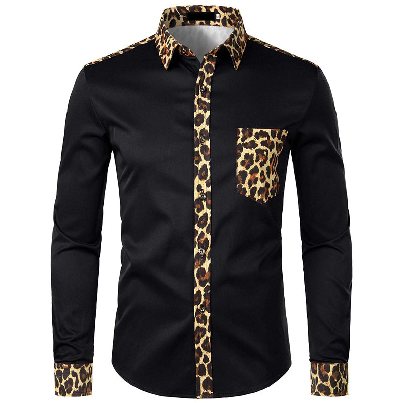 Mixed Leopard Print Pocket Men Long Sleeve Shirt