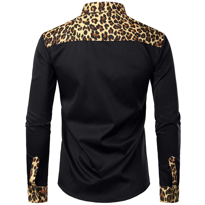 Mixed Leopard Print Pocket Men Long Sleeve Shirt