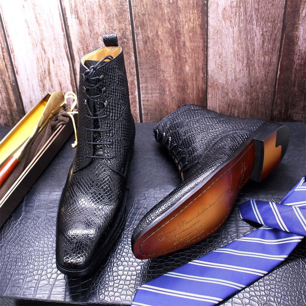 Snake Skin Pattern Leather Mid-Calf Boots