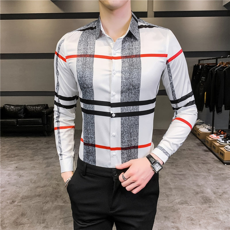 Luxury Print Long Sleeve Korean Design Casual Men Shirt