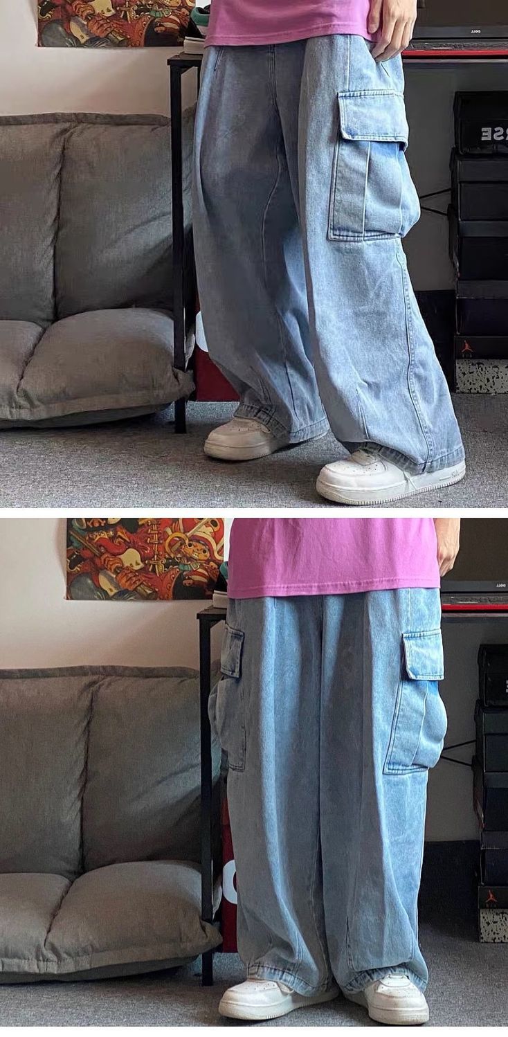Solid Pockets Baggy Jeans