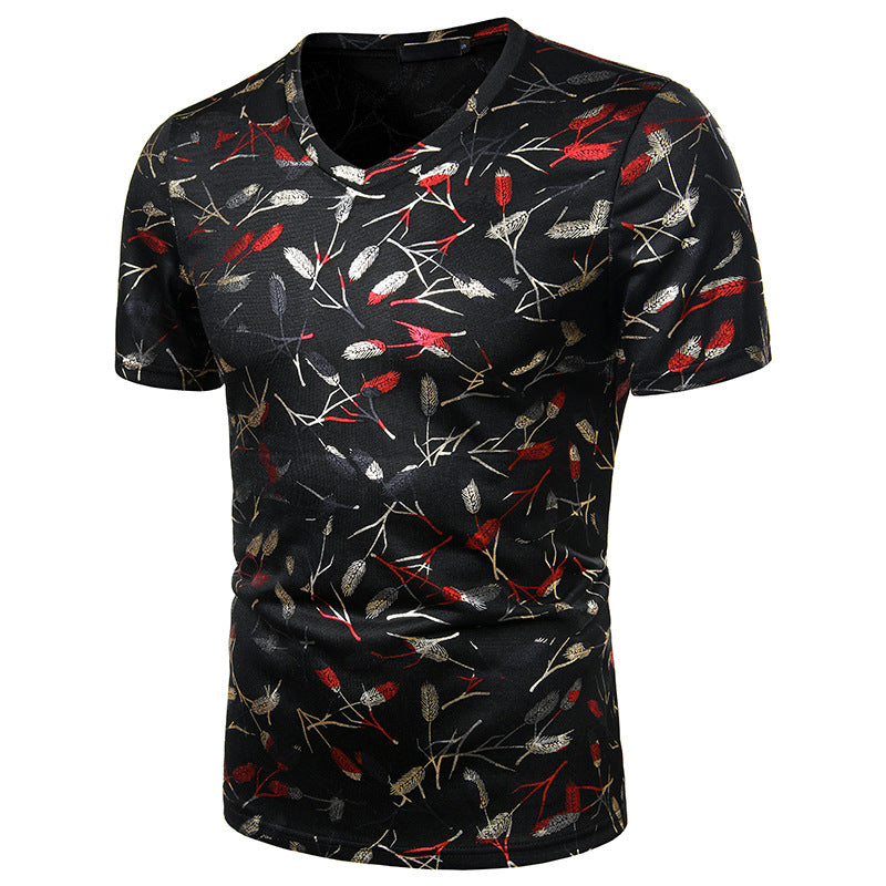 Two Tone Metallic Feathers Men V Neck T-Shirt
