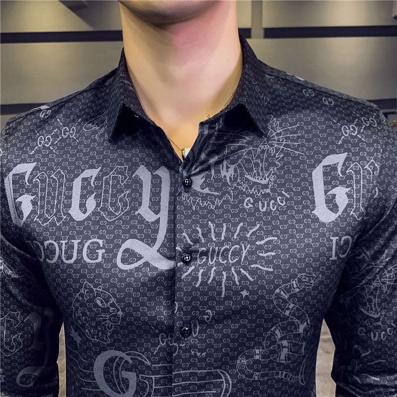 Letter Print Slim Fit Long Sleeve Casual Office Wear Style Men Shirts
