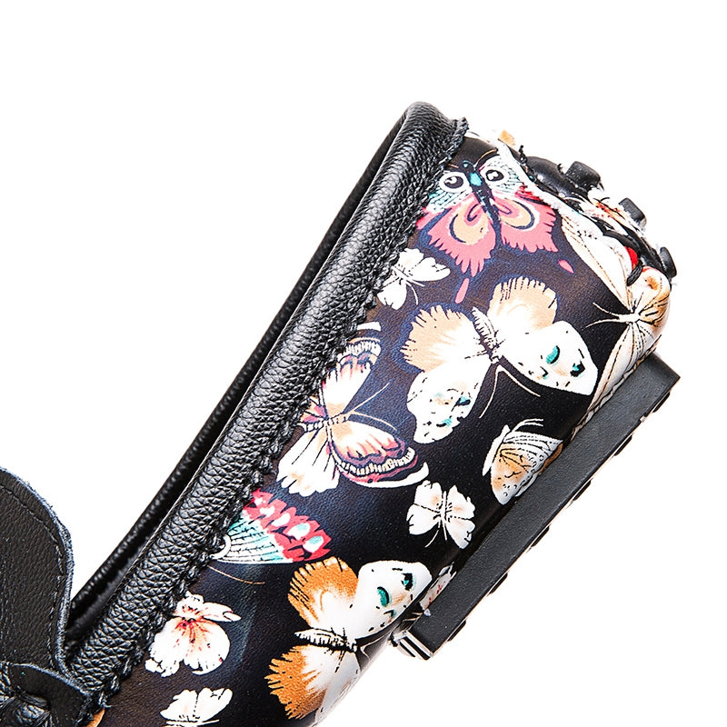 Butterfly Prints Men Leather Metal Buckled Loafers