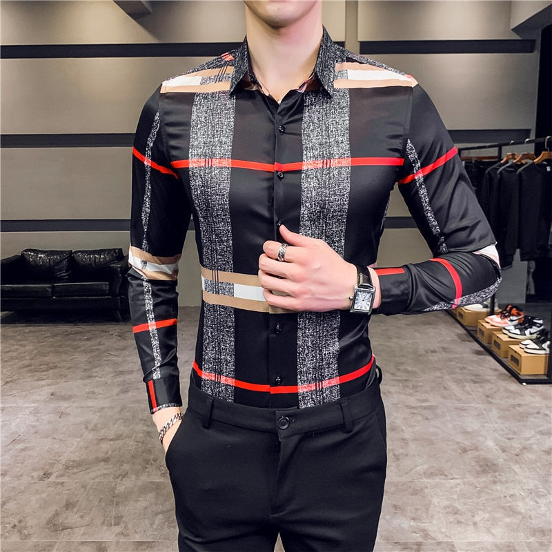 Luxury Print Long Sleeve Korean Design Casual Men Shirt