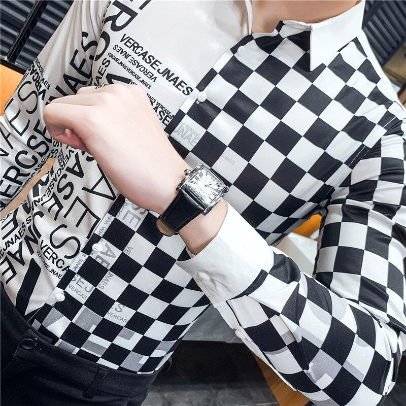Black White Pop Print Slim Fit Long Sleeve Casual Men Shirts
