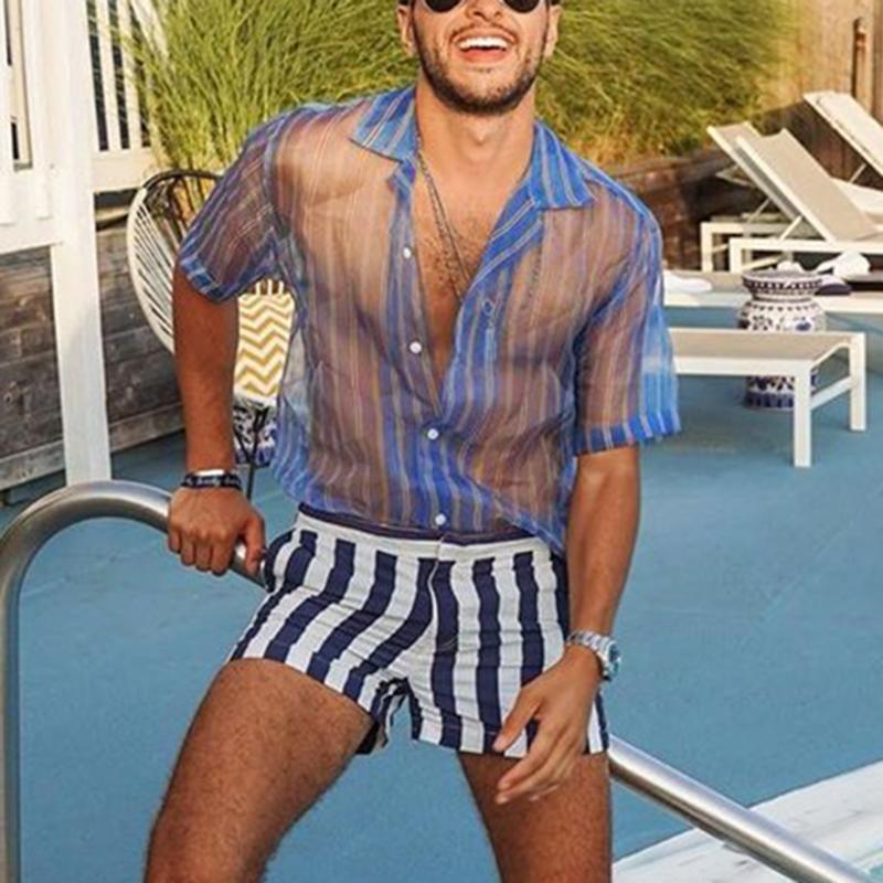 Blue and White Striped See Through Shirt